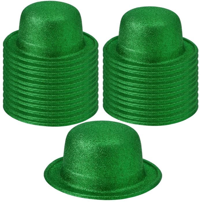 24x GLITTER BOWLER HAT Fancy Party Plastic Costume Cap Fun Dress Up Sparkle BULK Green