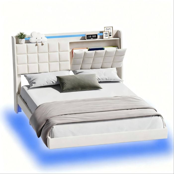 Advwin Queen Floating Bed Frame with LED Lights and Storage Headboard Dark Biege