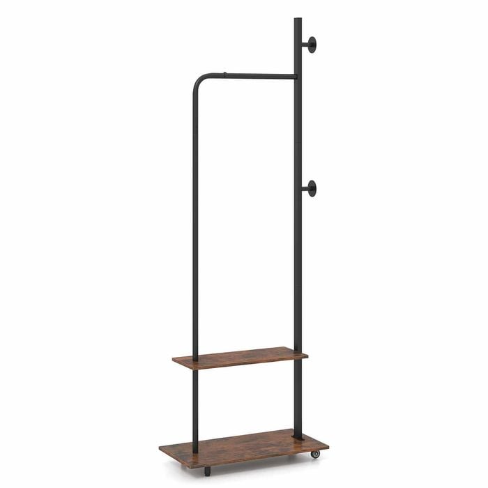 Costway Clothes Rack Coat Hall Tree Wheels Rod Hooks Shelves Metal