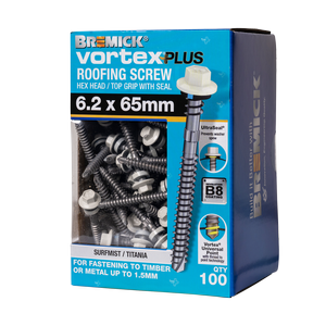 Bremick Vortex Plus Roofing Screw 6.2 x 65mm HEX B8 SM PK 100