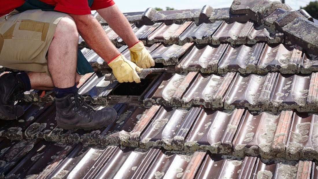 A person on a tiled roof replacing a roof tile