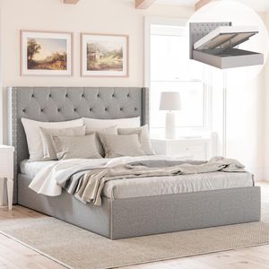 Leonora King Grey Gas Lift Storage Wing Bed Frame with Studs