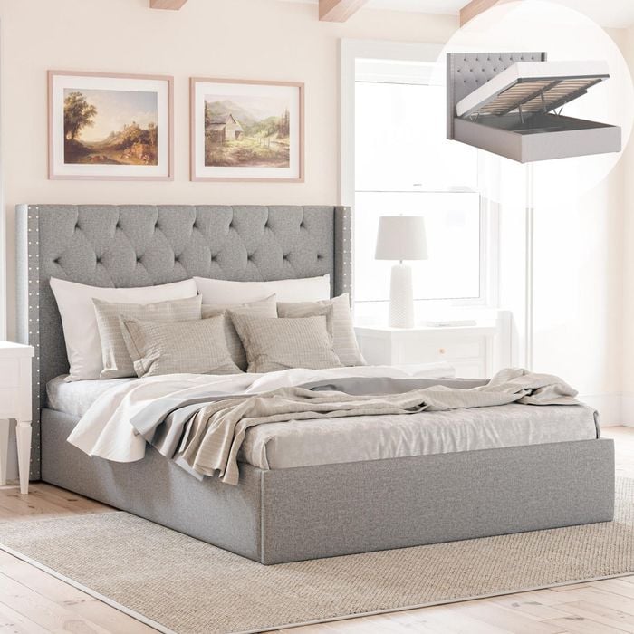 Leonora King Grey Gas Lift Storage Wing Bed Frame with Studs
