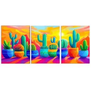3pcs Cactus in Colorful Flower Pots Print 100% Australian Made 3 x 40x60cm (Metal Print)