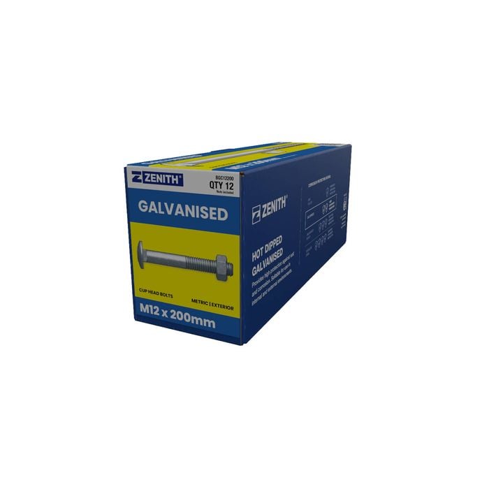 ZENITH M12 x 200mm Hot Dip Galvanised Cup Head Bolts & Nuts - 12 Pack