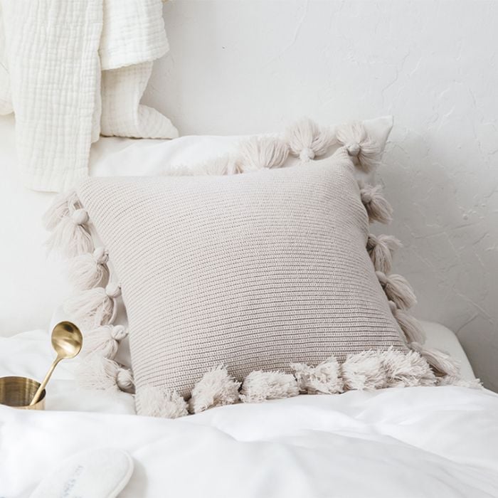 CottonMore Soft Acrylic Knitted Tassel Square Cushion Cover Beige 45x45cm