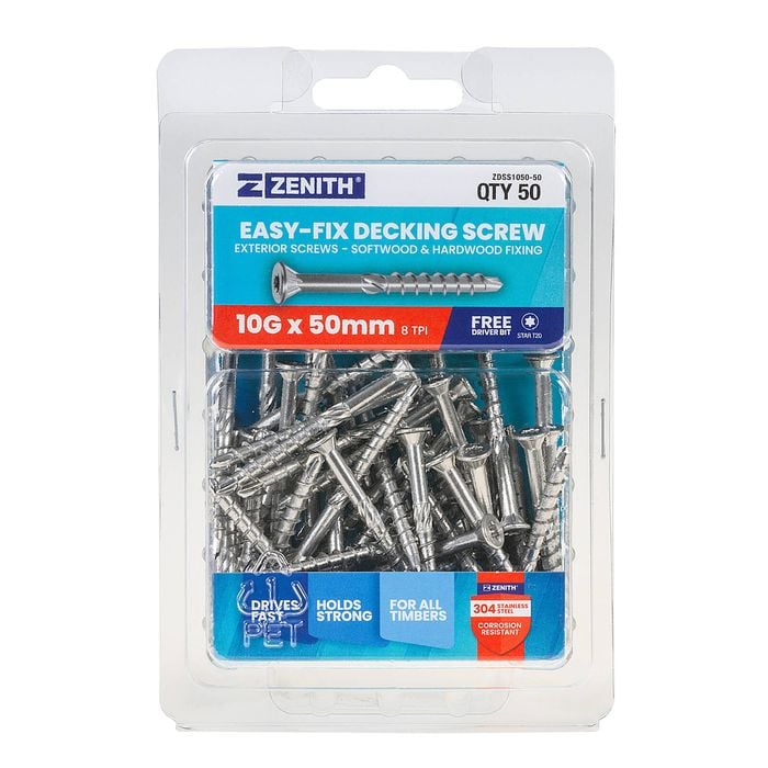 Zenith Easy-Fix Decking Screw T20 10G x 50mm SS304 - 50 Pack