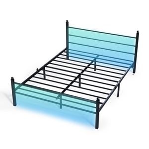 Ufurniture Metal Bed Frame with Headboard and Footboard with LED Lights and Charging Station Queen Black