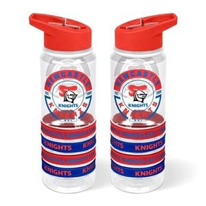 NRL Clear Tritan Drink Bottle 650ml - Newcastle Knights - 4 Wrist Bands