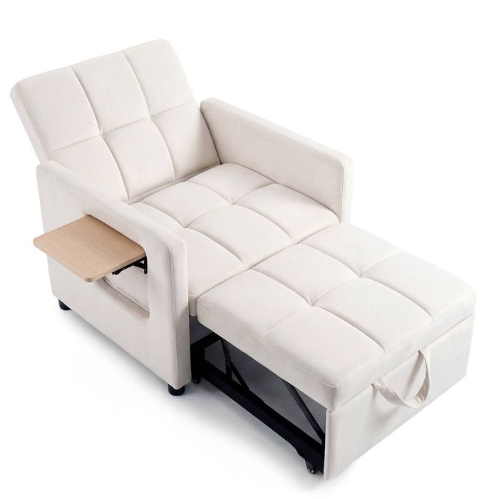 Ufurniture 3-in-1 Single Sofa Bed Velvet Convertible Sleeper Pull Out Couch W/ Usb Port & Side Table Beige