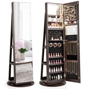 Costway 360° Rotating Jewelry Cabinet Full Length Mirror Armoire Brown