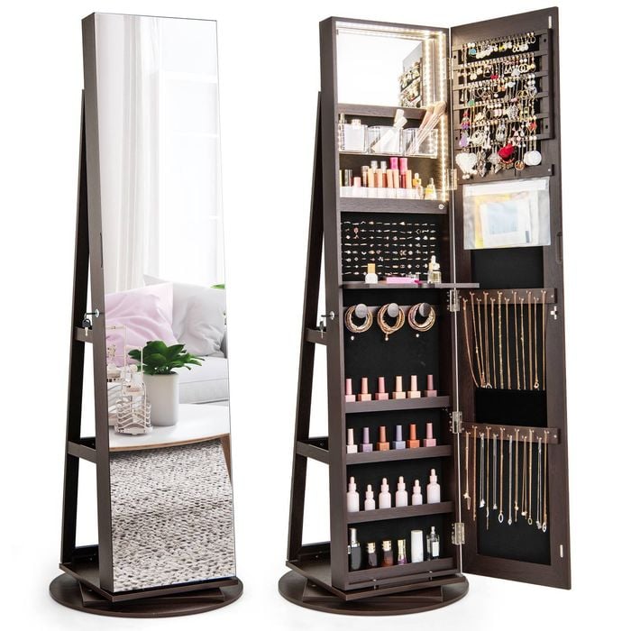 Costway 360° Rotating Jewelry Cabinet Full Length Mirror Armoire Brown