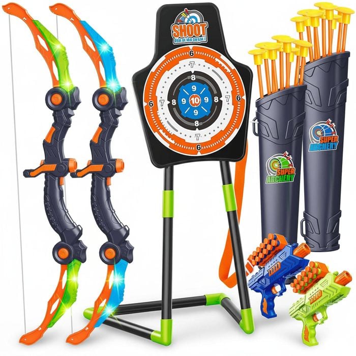 2 Pack Bow and Arrow for Boys 5-11+: LED Light Up Archery Toy with 20 Suction Cup Arrows, Target & Quiver