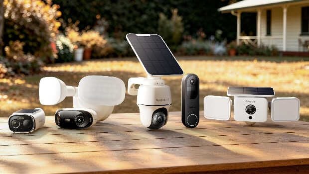 An array of ReoLink smart home products sitting on a wooden table in a backyard.