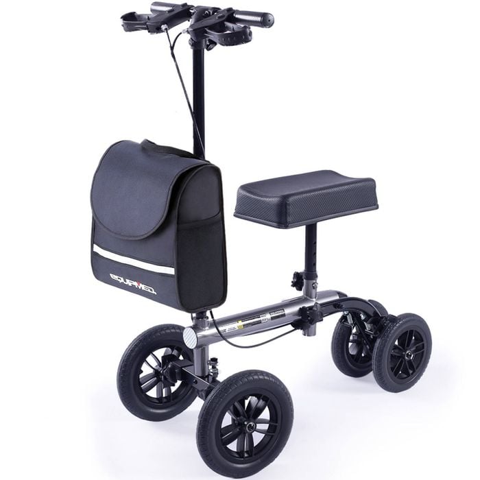 EQUIPMED Knee Scooter Walker 10 inch Tyres  Dual Brakes Bag - Broken Leg Ankle Foot Mobility - Titanium colour