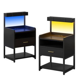 Advwin 2xbedside Table With Charging Station And Led Lights 1 Drawer And Top Storage Groove Black