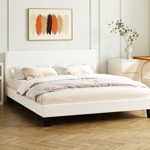 Oikiture White Boucle Bed Frame-Queen