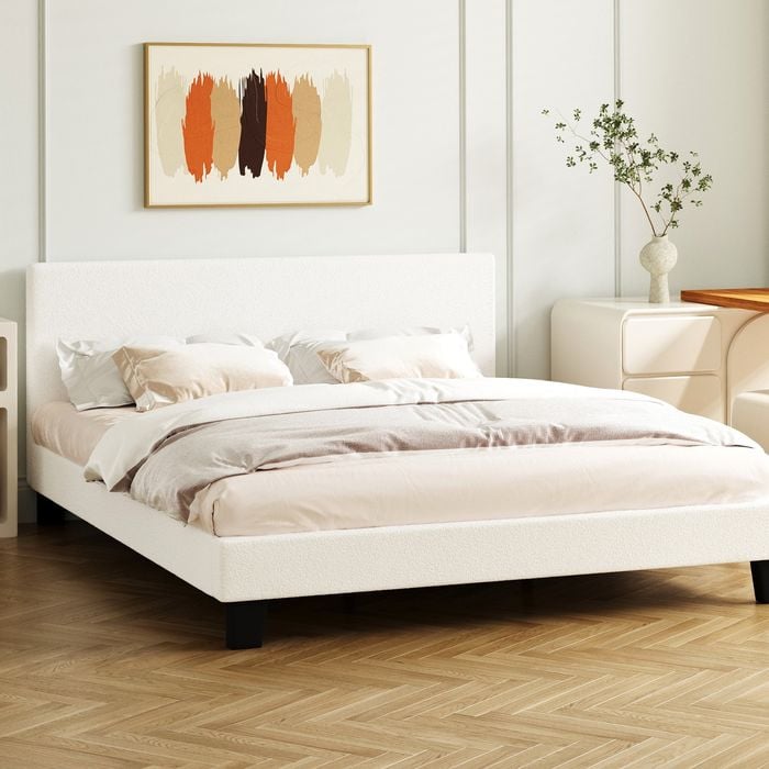 Oikiture White Boucle Bed Frame-Queen