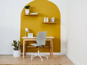 A painted arch feature on a home office wall, painted in Porter’s Paints Sundance