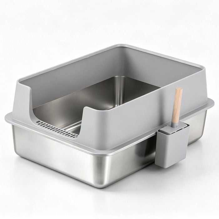 i.Pet XXL Cat Litter Box Stainless Steel Jumbo Semi-Enclosed Pet Kitty Toilet Grey