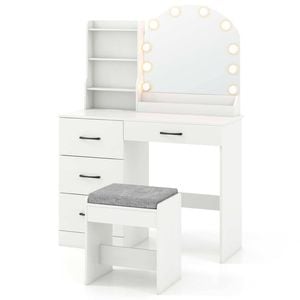 Costway Modern Dressing Table Set W/charging Station 10 Led Bulbs White