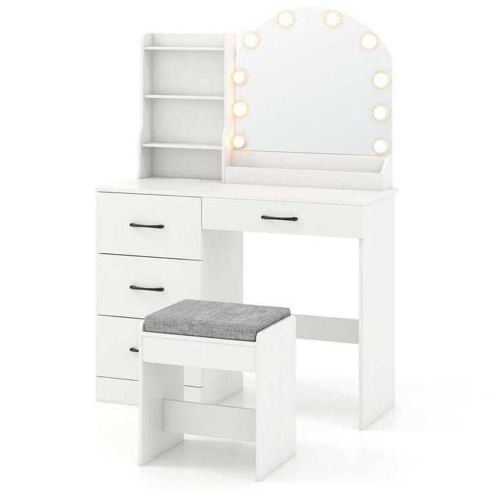 Costway Modern Dressing Table Set W/charging Station 10 Led Bulbs White
