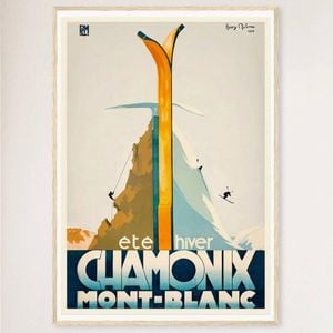 Galrie Vintage Ski Poster of Chamonix Mont Blanc: Summer and Winter Sports Art, Wood Frame, A3 30 x 42cm (12 x 16inch)