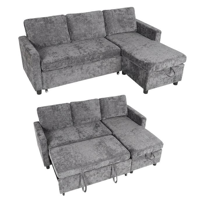 Advwin 3 Seater Pull Out Sofa Bed w/ Storage Chaise 194cm L Shaped Corner Sleeper Couch Grey