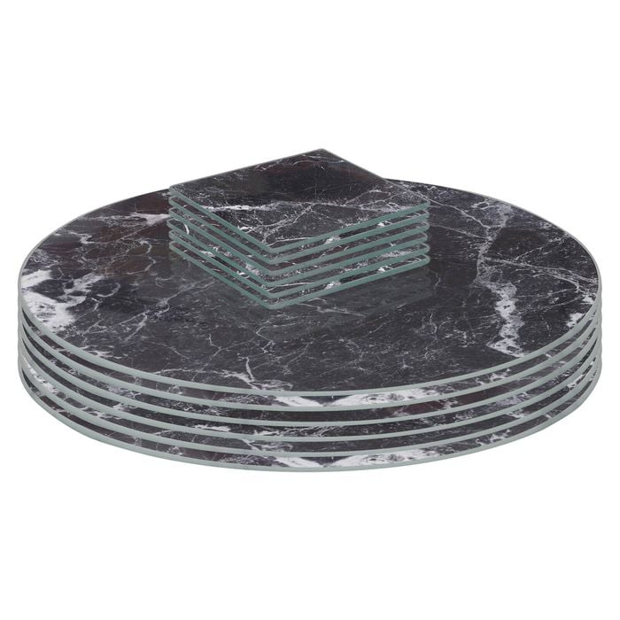 12pc Round Glass Placemats & Square Coasters - 30cm - Black Marble Effect - Dining Table Protection Place Mats Coasters
