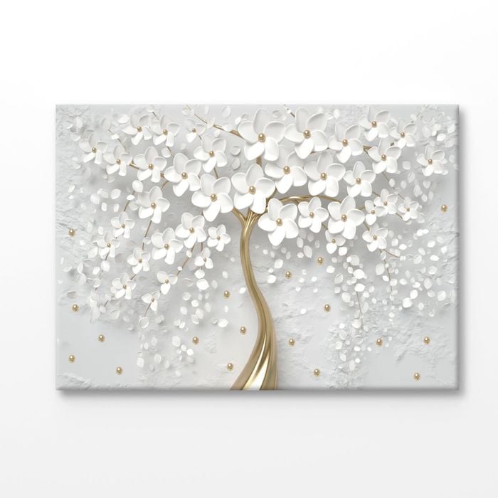 White & Gold 3D Tree, Flower  Print 100% Australian Made 90x60cm (Stretched Canvas)