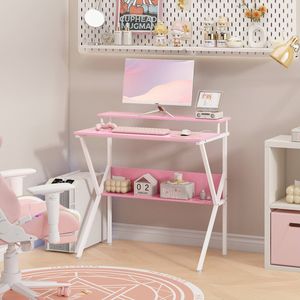 Advwin 80cm Small Computer Desk with Monitor Stand Writing Table with Shelf Pink