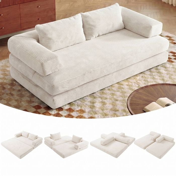 Advwin 2 Seater Folding Sofa Bed 5-in-1 Convertible Floor Loveseat Sofa Corduroy Fold Out Sleeper Couch w/ Armrests Beige