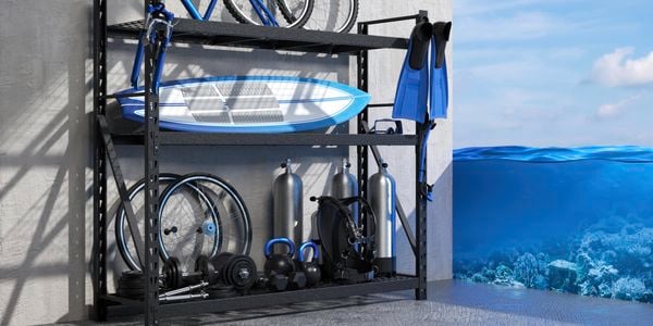 storage rack with water sport accessories