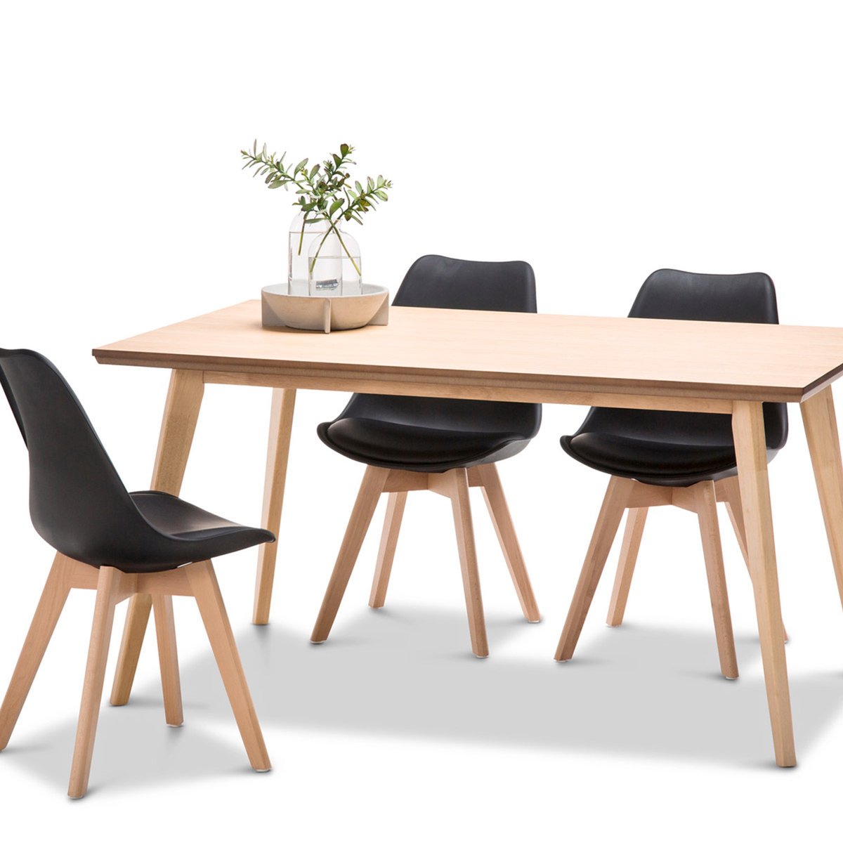 Bruno 7 Piece Natural Ash Wood Dining Set With Replica Black Padded 