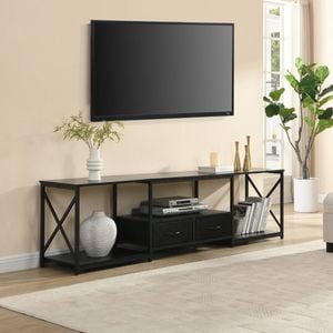 Homfurn TV Unit With Fabric Drawers, Entertainment Unit With Open Shelves, Black