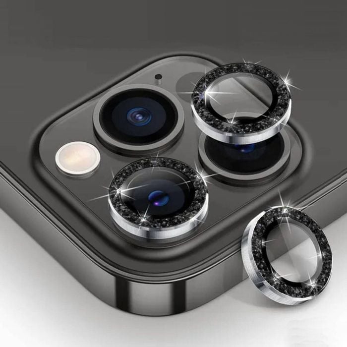 Metal Camera Len Glitter Cover Glass Protector Bling - For Apple iPhone 16 / 16 Plus (2pcs) - Black