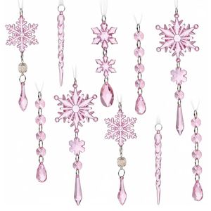 P&P Pink Crystal Acrylic Christmas Tree Icicle Snowflake Ornaments Set 18pc Gift Set