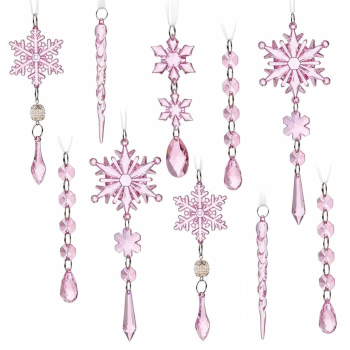 P&P Pink Crystal Acrylic Christmas Tree Icicle Snowflake Ornaments Set 18pc Gift Set