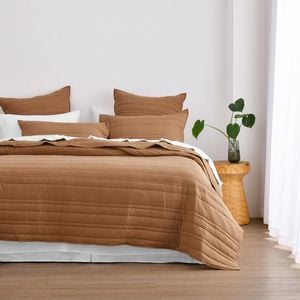 Dreamaker Superfine Washed Microfibre Stripe Quilted Coverlet Set Rust Super King Bed