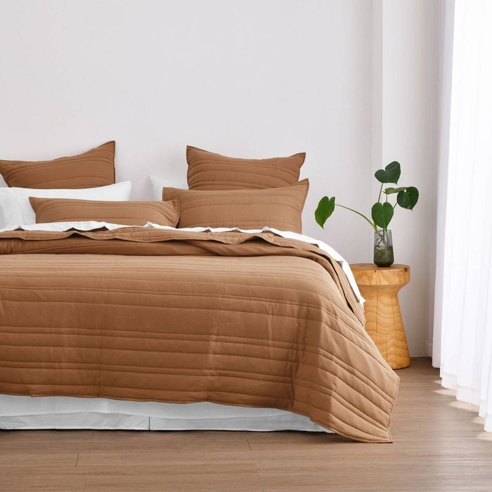 Dreamaker Superfine Washed Microfibre Stripe Quilted Coverlet Set Rust Super King Bed