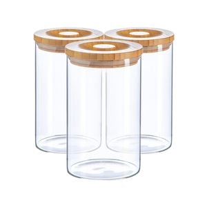 Argon Tableware 3 Piece Glass Jar With Wooden Lid Storage Set - Round Scandinavian Style Airtight Canister - 1 Litre