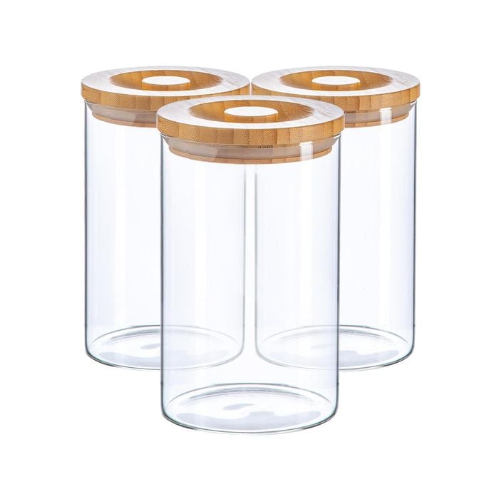 Argon Tableware 3 Piece Glass Jar With Wooden Lid Storage Set - Round Scandinavian Style Airtight Canister - 1 Litre