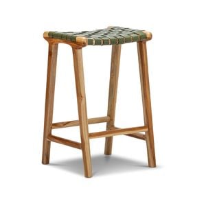 Lazie 66cm Olive Green Leather Strapping Barstool in Solid Teak Wood