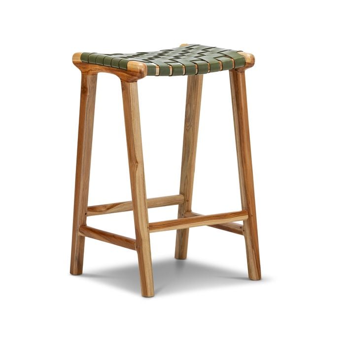 Lazie 66cm Olive Green Leather Strapping Barstool in Solid Teak Wood
