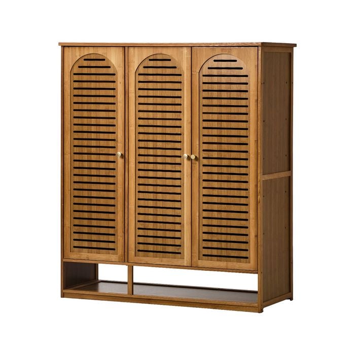 Oikiture 3 Doors Shoe Storage Cabinet Bamboo Shelf Brown