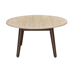 Milo 80cm Round Coffee Table Sintered Stone Travertine Top Walnut