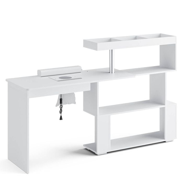 Ufurniture Nail Desk Manicure Table w/Dust Collector, Rotatable Reversible L-Shaped/Line-Shaped White
