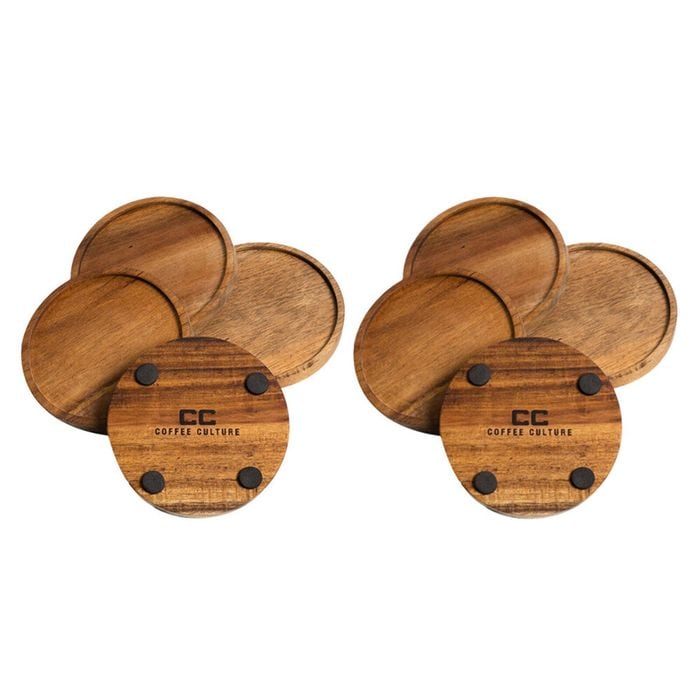 2x 4pc Coffee Culture Acacia Coasters Round Non-slip Beverage Mat 13cm Brown