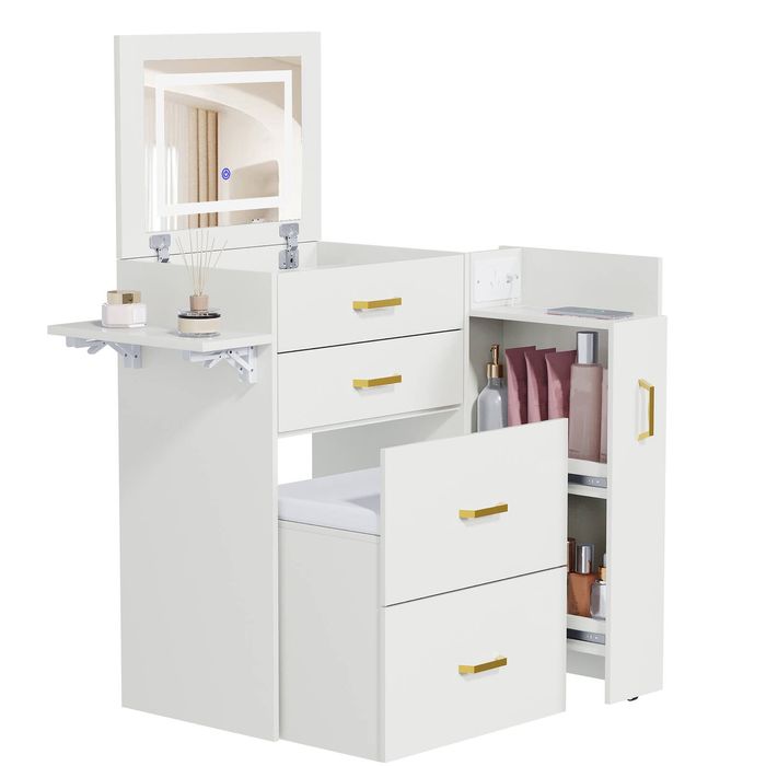 Ufurniture 3-in-1 Vanity Desk w/ Flip-top Mirror Foldable Panel & Power Outlets