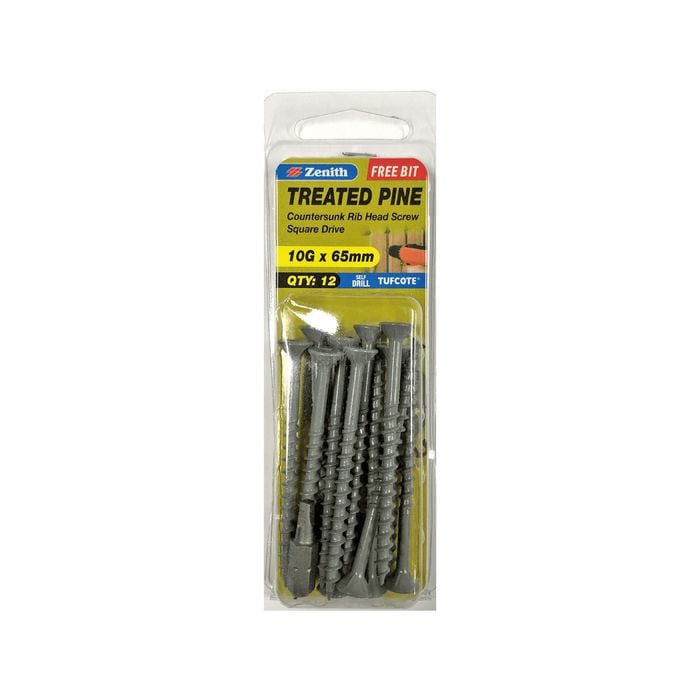 Zenith 10G x 65mm Tufcote® Square Drive Treated Pine Screw - 12 Pack